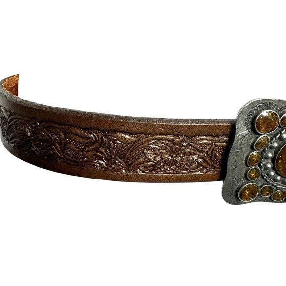 Vintage Tooled Leather Belt Size 38 Brown & Goldstone cabochons Womens Western - Picture 6 of 11